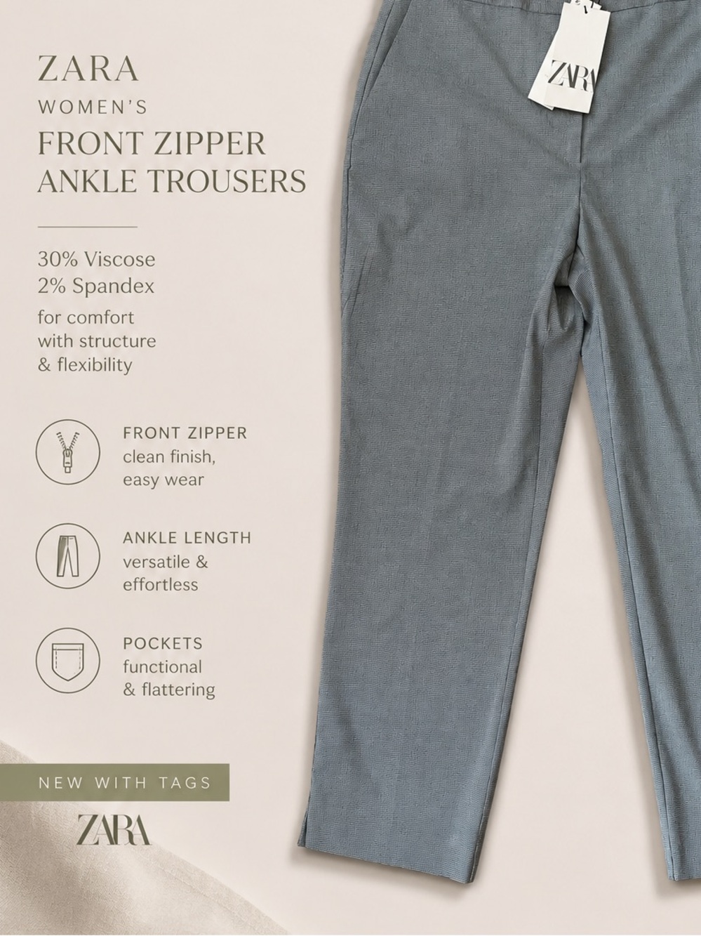 ZARA Women’s Grey Front-Zip Ankle Trousers | NWT